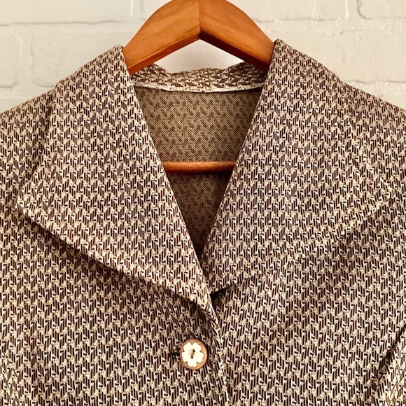 Vintage 1970s Handmade Button down Shirt Mod pleated short sleeve Cream Brown - Picture 10 of 10